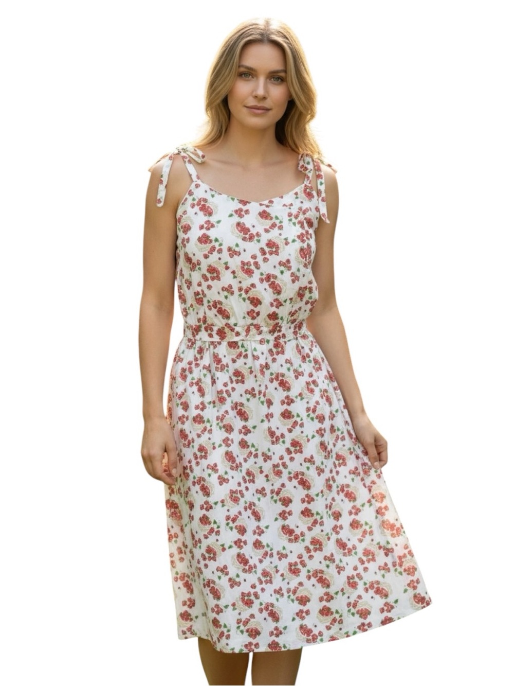 VTG White Floral Tie-Shoulder Sundress with Red Strawberry Print